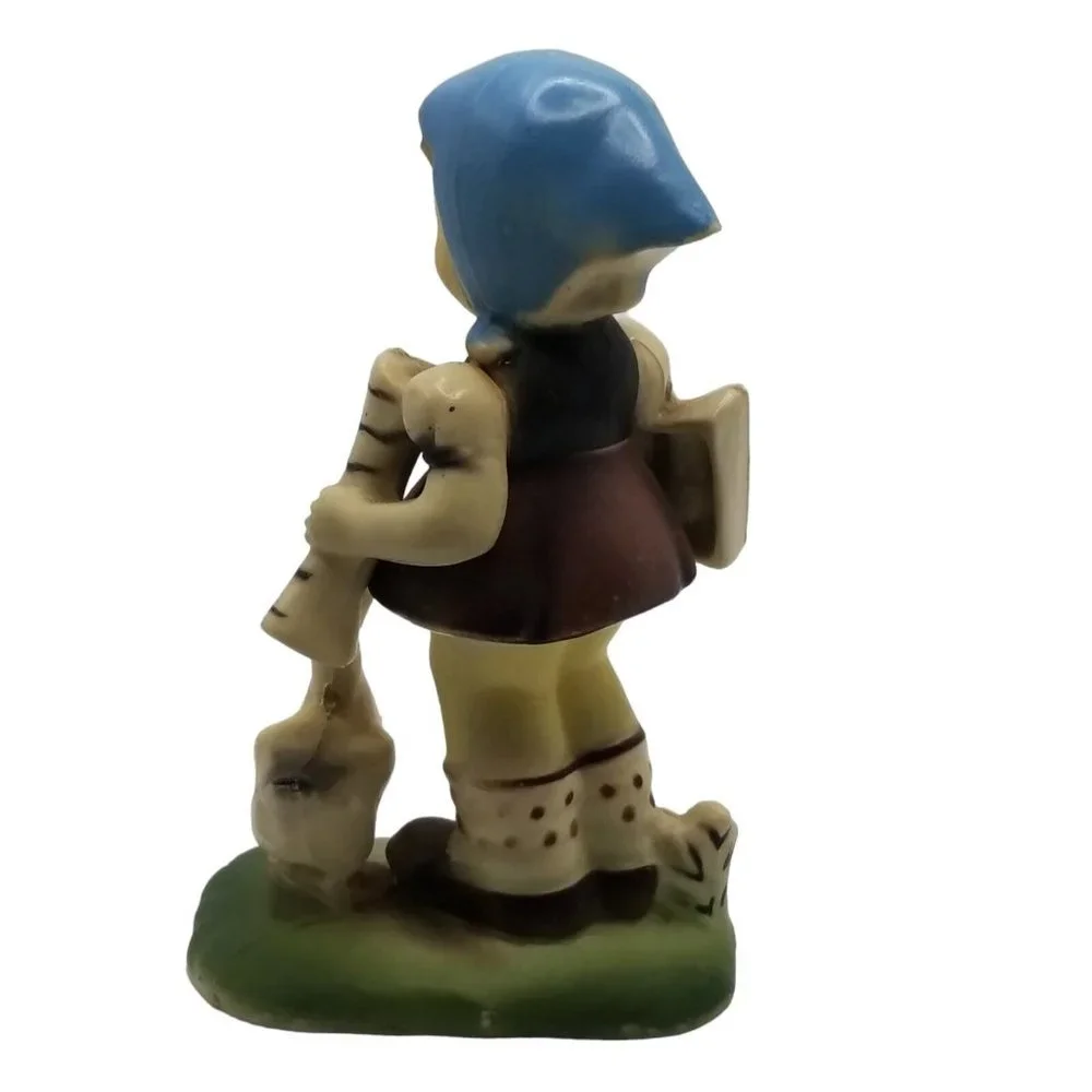 Vintage Plastic Figurine Girl with Duck Figure Made in Hong Kong Blue Scarf